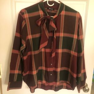 Women’s Madewell plaid shirt size l cotton blend with bow tie neckline